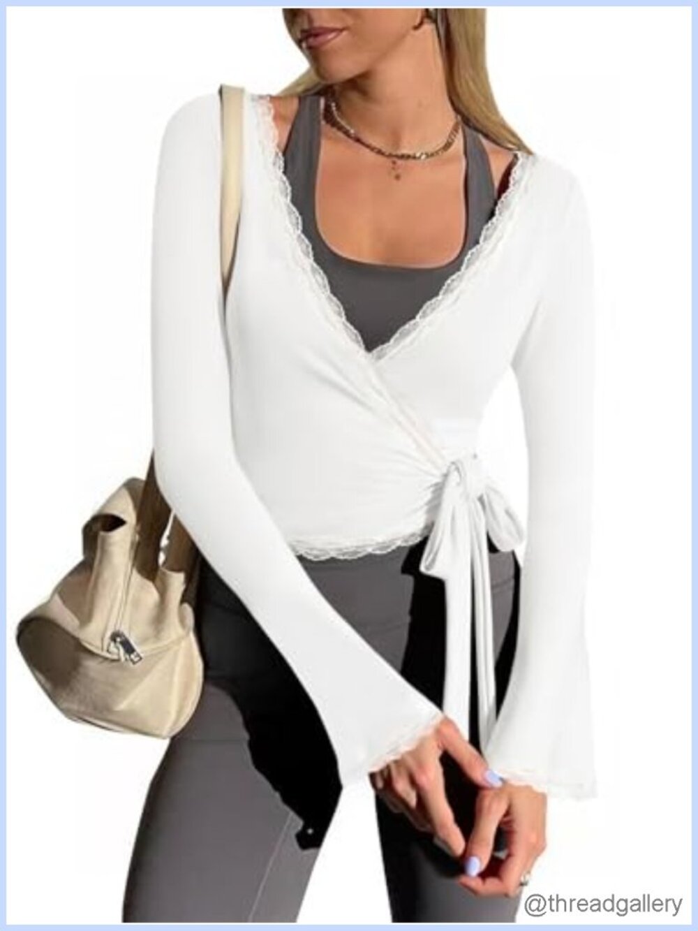Y2K Wrap Tie Ballet Top Long Sleeve Lace Trim Fitted Active Yoga Shirt